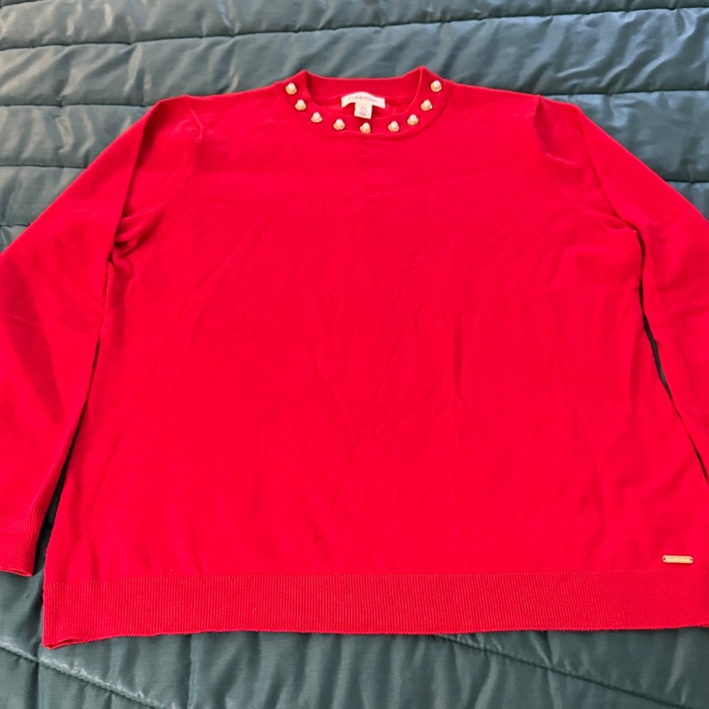 Calvin Klein Red Knit Top with Pearl Button Accents